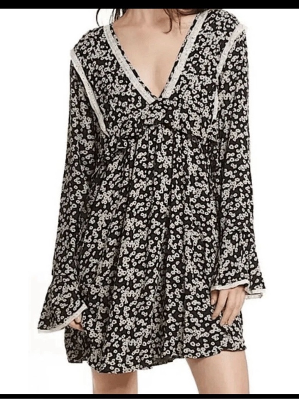 Free People Like You Best Black/ white Daisy Long Sleeve Dress XS